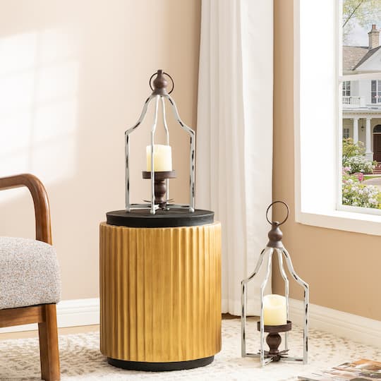 Glitzhome® 16.5" Modern Farmhouse White & Brown Metal Candle Lanterns,2ct.